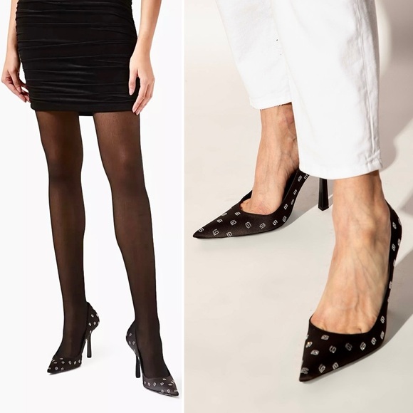 Alexander Wang Delphine Black Satin Crystal Logo Stiletto Pumps Heels 4” 39.5 - Picture 13 of 16